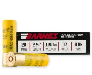 Barnes Loaded Ammo - 20 Gauge - 2 3/4" Length - 17 Pellets - 3 BK Size (5 Rounds)