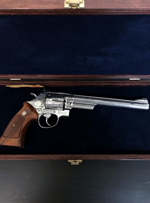 S&W Model 657 – Custom Shop 6 Round 41 Mag Revolver Handgun In Case With Class A Engravings – 8″ Porter Barrel – Fully Engraved, New In Box With Factory Wooden Carrying Case