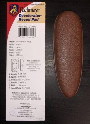 *Warehouse Cleanout Super Sale - Pachmayr Model 752B Decelerator Pad - Black Base - Brown Color - Large Size - Leather Face - 1" Thick