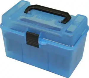MTM Deluxe Ammo Box 50 Round w/ Handle - 264 Win Magnum to 458 Win Magnum - Clear Blue