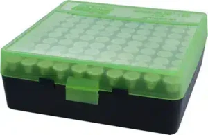MTM Ammo Box 100 Round Flip-Top - 44 Mag, 41 Mag, 45 Colt - Clear Green & Back