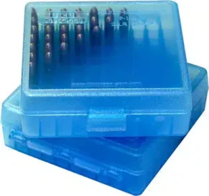 MTM Ammo Box 100 Round Flip-Top - 45 ACP, 40 S&W, 357 Sig - Clear Blue