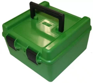 *Inventory Reduction Sale - MTM Deluxe Ammo Box 100 Round Flip-Top w/ Handle - 22-250 to 375 H&H Magnum - Green