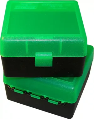 MTM Ammo Box 100 Round Flip-Top - 243 Win, 6.5 Creedmoor, 308 Win - Clear Green & Black