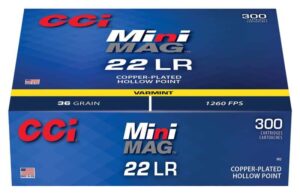 CCI Rimfire Ammo Mini Magnum - 22 LR 36 Grain - Copper Plated Hollow Point - 1260 FPS (300)