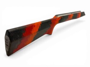 McMillan Bruno Stock - Heavy Varmint W/ Carbon Fiber Shell - Partial Inlet for BAT B Action - HV Barrel Channel - Molded In Banded Carbon Blaze - Orange, Red, Clear Base