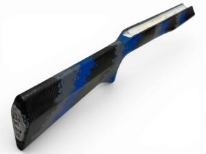 McMillan Bruno Stock - Light Varmint W/ Carbon Fiber Shell - Partial Inlet for BAT B Action - HV Barrel Channel - Molded In Banded Carbon LE - Dark Gray, Medium Blue, Clear Base