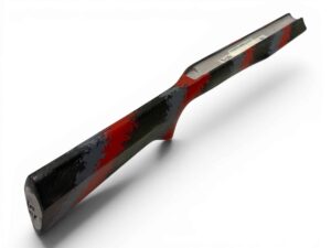 McMillan Bruno Stock - Heavy Varmint W/ Carbon Fiber Shell - Partial Inlet for BAT B Action - HV Barrel Channel - Molded In Banded Carbon Blaze - Red, Dark Gray, Clear Base