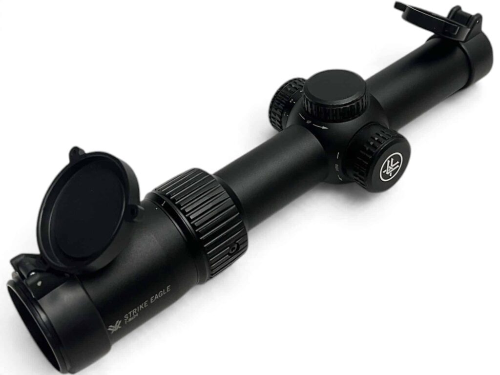 USED Vortex Strike Eagle Scope - 1-8x24mm - 30mm Tube - AR-BDC3 MOA Reticle - With Original Box and Flip Up Lens Caps - In Good Condition, Ring Marks Present